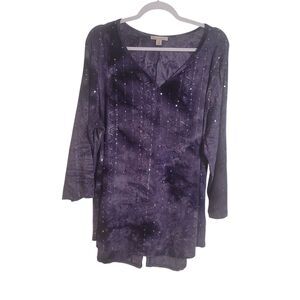 Dressbarn Women's Sequin V Neck Henley Blouse Size 2X Purple Embroidered Fairy